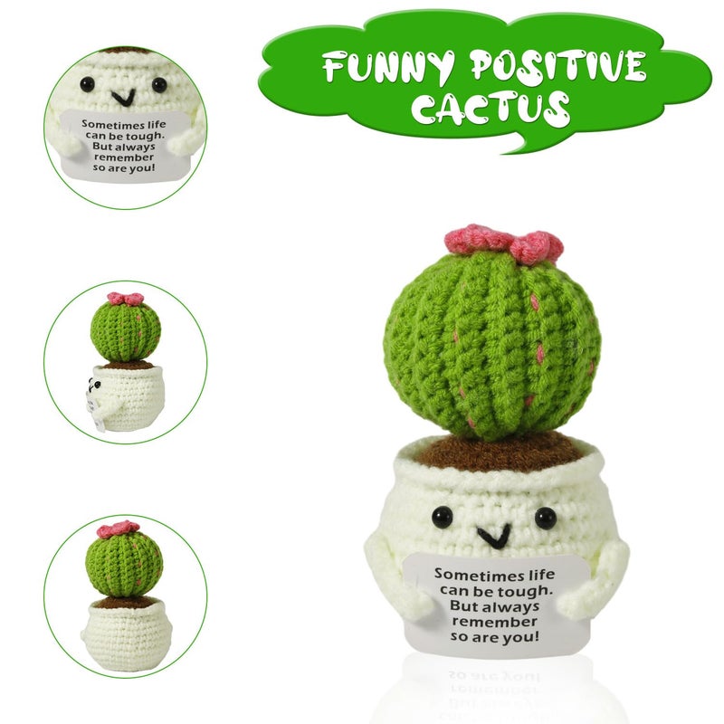 NQEUEPN Crochet Positive Cactus  Handmade Knitted Cactus Toy Cute Funny Potato Emotional Positive Life Doll Ornaments Gifts with Encouraging Card for Adults Kids Friends Room Office Desktop Decor - Image 3